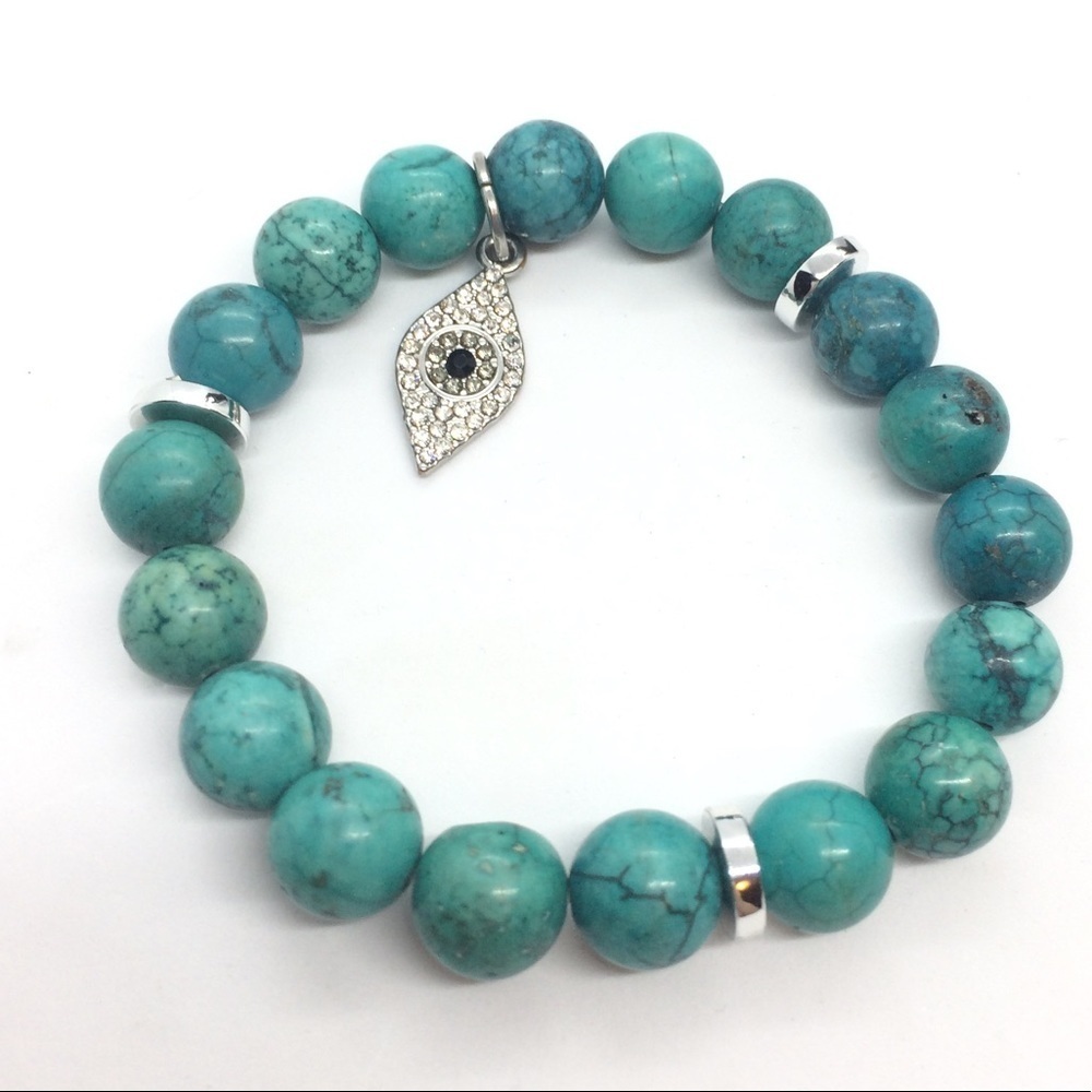 TURQUOISE DYED HOWLITE RHINESTONE EVIL EYE CHARM SILVER TONE BRACELET